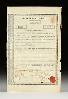 SAM HOUSTON, SIGNED, REPUBLIC OF TEXAS LAND SCRIP, COLOMBIA AND NEW ORLEANS, DECEMBER 12, 1836 -