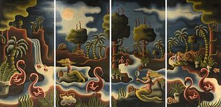 MICHAEL MURPHY (American/Louisiana 1941-1986) A FOUR PANEL MURAL, "Moonlit Mermaid Grotto with