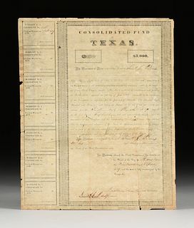 REPUBLIC OF TEXAS BOND, CONSOLIDATED FUND OF TEXAS FOR $5,000, HOUSTON, APRIL 19, 1839,