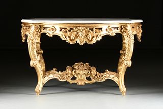 A ROCOCO REVIVAL  MARBLE TOPPED AND CARVED GILTWOOD CENTER TABLE, POSSIBLY ITALIAN, MID 19TH