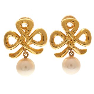 Pair of Cultured Pearl, 18k Yellow Gold Earrings