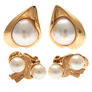 Two Pairs of Cultured Pearl, 14k Yellow Gold Earrings