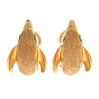 Pair of Emerald, 14k Yellow Gold Dolphin Earrings