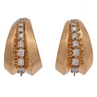 Pair of Diamond, 14k Yellow Gold Earrings