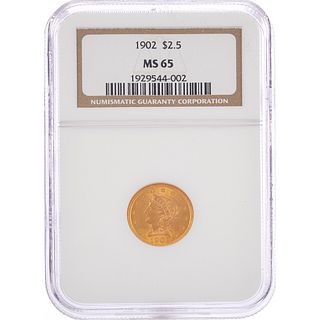 1902 US $2.5 Liberty Head Quarter Eagle Gold Coin NGC Slabbed MS65