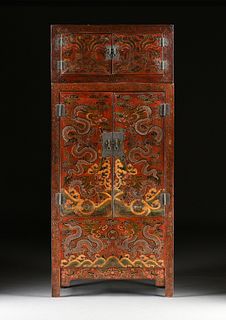 A CHINESE RED GROUND PAINTED "PHOENIX AND DRAGONS" ARMOIRE, 19TH AND 20TH CENTURY,