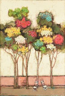 DAVID ADICKES (American/Texas b. 1927) A PAINTING, "Spring Trees, Two Chairs," 2011,