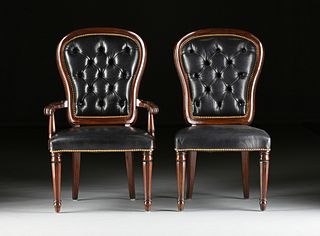 SET OF TEN HENREDON TUFTED LEATHER UPHOLSTERED MAHOGANY DINING CHAIRS, LABELED, MODERN,