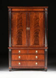A BAKER NEOCLASSICAL STYLE FLAME MAHOGANY AND EBONIZED WOOD STEREO TV CABINET, LABELED, CIRCA 1990s,