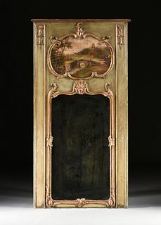 A FRENCH LOUIS XV STYLE GILT AND GREEN PAINTED TRUMEAU MIRROR, 18TH/19TH CENTURY,