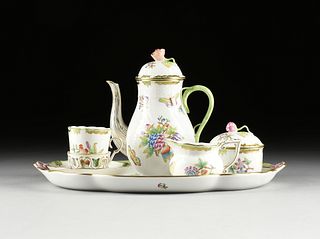 A TWELVE PIECE HEREND PARCEL GILT AND POLYCROME PAINTED "QUEEN VICTORIA" COFFEE SET, MARKED, 20TH
