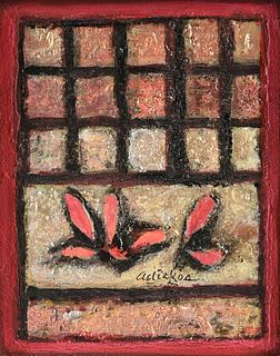 DAVID ADICKES (American/Texas b. 1927) A PAINTING, "15 Squares, Leaves, Red Border," 2008,