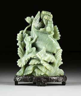 A LARGE CHINESE CARVED CELADON JADE GROUP "SWIMMING CARP AND CHILDREN," MODERN,