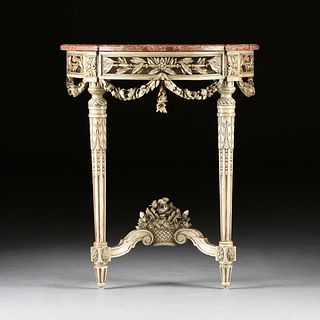 A LOUIS XVI MARBLE TOPPED AND PAINTED WOOD CONSOLE, LATE 18TH CENTURY,