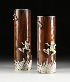 TWO JAPANESE SILVERED METAL MOUNTED BAMBOO "HUNGRY FROG AND DRAGONFLY" VASES, 20TH CENTURY,
