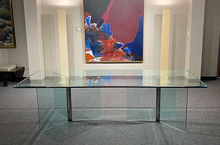 A CONTEMPORARY GLASS TWO PEDESTAL DINING/CENTER TABLE,