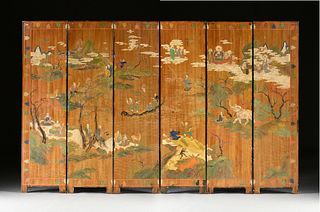 A CHINESE EXPORT CARVED COROMANDEL LACQUER SIX PANEL SCREEN, PROBABLY TIBET, MID 20TH CENTURY,