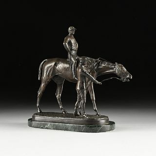 attributed to JOHN WILLIS GOOD (English 1845-1879) A BRONZE SCULPTURE, "Jockey on Horse with Groom,"