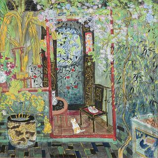 CHINESE CONTEMPORARY SCHOOL, A PAINTING, "Still Life of Cat and Garden Entryway," 20TH CENTURY,
