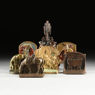 SIX PAIRS OF BOOKENDS AND A SINGLE BOOKEND WITH SOUTHWESTERN THEME, AMERICAN, 20TH CENTURY,