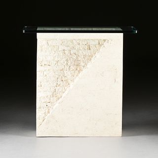 A POST MODERN GLASS TOPPED TESSELLATED MACTAN STONE SIDE TABLE, 1980s,