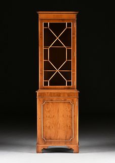 A GEORGE III STYLE YEW WOOD BOOKCASE CABINET, MODERN,