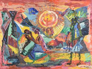 AFRICAN SCHOOL, A PAINTING, "The People and the Sun," CIRCA 1970,