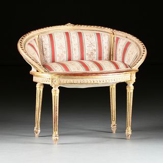 A LOUIS XVI REVIVAL UPHOLSTERED AND PAINTED GILTWOOD VANITY CHAIR, POSSIBLY ENGLISH, 20TH CENTURY,