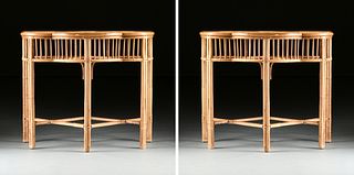 A PAIR OF MODERN WICKER TOPPED BAMBOO CONSOLE TABLES,