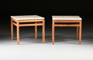 A PAIR OF VINTAGE MODERN MARBLE TOPPED WALNUT SIDE TABLES, SECOND HALF 20TH CENTURY,