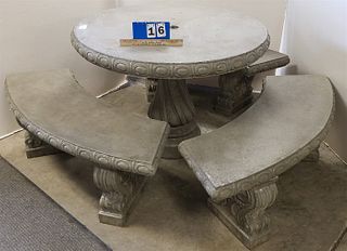CST CEMENT TABLE 30 1/2"H X 42" DIAM W/ 3 BENCHES 17 1/2"H X 52"W X 16"D