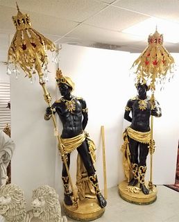 PR FIBERGLASS BEJEWELED TORCHERE BEARERS W/ GILT METAL AND PRISMED TORCHES 8'2"