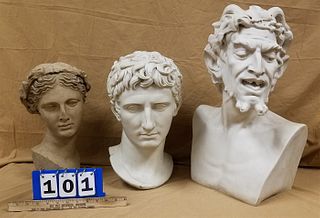 BX 2 RESIN CLASSICAL SCULPTURES OF HEADS 17" AND 15" AND FIBERGLASS 21 1/2"