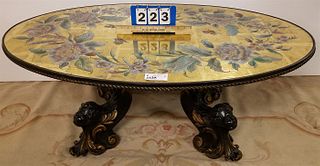 CARVED WOOD BASE COFFEE TABLE W/ GOLD LEAF & PAINTED TOP 18"H X4'WX28"D