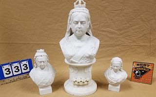 TRAY 19TH C PARIAN 3 PC. QUEEN VICTORIA BUST 9 1/2" ON 6" WHITE MARBLE PEDASTAL, 2 SM BUSTS 8" + 6 1/4"