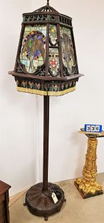TIFFANY STYLE BRONZE BASE FLOOR LAMP W/ METAL FRAME SHADE W/ LEADED STAINED GLASS PANELS 78" H TOT SHADE 26" H X 22" SQ.
