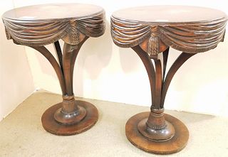 PR. MAHOGANY 40'S SWAG CARVED PED BASE END STANDS 29 1/2"H X 22" DIAM.