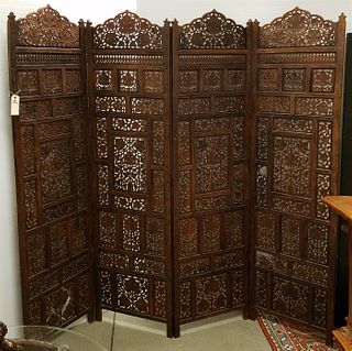 INDIAN CARVED TEAK 4 FOLD SCREEN 74"H X 20" EA SECTION