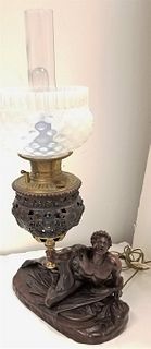 VICT. WHITE METAL & FIGURAL OIL LAMP W/ OPALESCENT SHADE 31"H X 17"W X 6 1/2"D - ELEC DYING GAULL