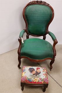 VICT. WALNUT UPHOLS. ARM CHAIR & NEEDLEPOINT COVERED FOOT STOOL