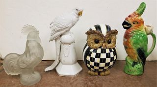 TRAY BIRD FIGURINES- OWL MACKENZIE AND CHILD'S 9, ROOSTER BOTTLE- FR GLASS 10", PARROT PORCFELAIN KATZHUTTE 12" AND PARROT PITCHER GARNIER LIQUERS PAR