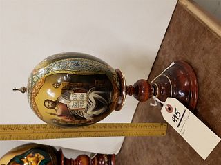 RUSSIAN LACQUERED WOOD EGG AND STAND 10"
