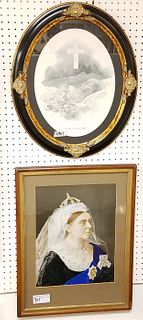 FRAMED VICT CHROMO OF QUEEN VICTORIA 18" AND 13 1/2" AND OVAL PRINT OF "THE END OF A GLORIOUIS REIGN" 17" X 13"