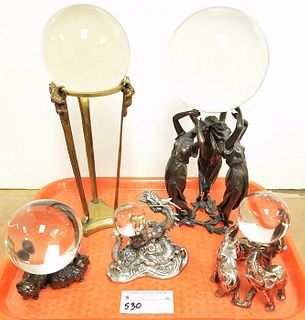 TRAY 5 CRYSTAL BALLS AND FIGURAL STANDS BRONZE 3 MAIDENS AND BRASS TRIPOD- 14", CHROME ELEPHANTS 6", METAL DRAGON 5" AND METAL CATS 5"