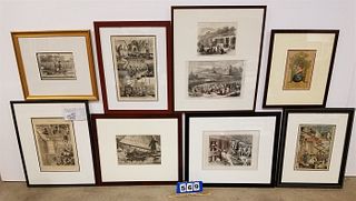 BX 8 19TH C FRAMED ILLUS PCS- LITHOS FROM HARPERS WEEKLY, THE GRAPHIC, PUCK, ETC