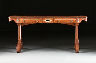 A JOHN WIDDICOMB VICTORIAN STYLE LEATHER TOPPED ELM AND MAPLE PARTNER'S DESK, LABELED, MODERN,