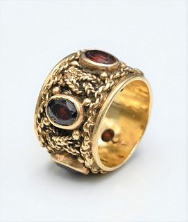 14 Karat Gold Band, set with five garnets, size 6, 11.5 grams. Provenance: Estate of Wallace Bradway, New Haven, CT.