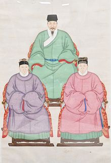 Chinese Triple Ancestral Portrait, watercolor on paper, in faux bamboo frame, 71" x 43".