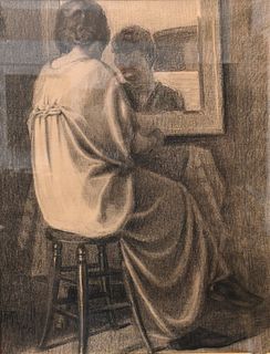 Unknown Artist, girl sitting at vanity, charcoal on paper, signed illegibly lower left, 22 3/4" x 17 1/2".