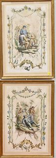 After Jean-Baptiste, pillement set of four hand colored etchings, to include chinoiseries decorated with figures and scrolling vines with flowers and 